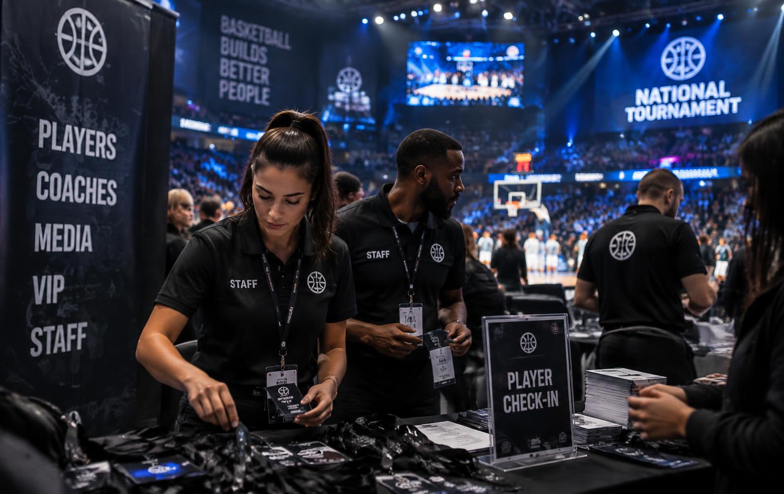Event staff checking in players at a tournament